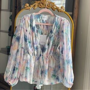 NWT MISA Los Angeles Bina Sheer Top Abstract Pastel Watercolor Size S
